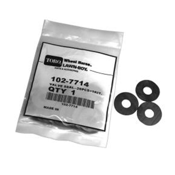 Photo of Toro T5 check valve kit (102-7714) showing sealed bag of 20 rubber valve seals on white background.