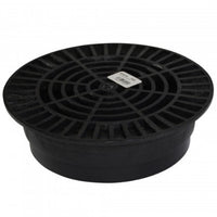 Top view of NDS 10-inch black round drain grate (model 1040), showing radial grate openings and mounting rim for 8-inch pipe connection.