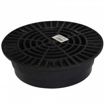 Top view of NDS 10-inch black round drain grate (model 1040), showing radial grate openings and mounting rim for 8-inch pipe connection.
