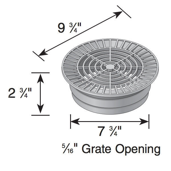 Angled perspective of NDS 10-inch black round drain grate (1040) highlighting surface pattern and fitment profile for 8-inch sewer or corrugated pipe.
