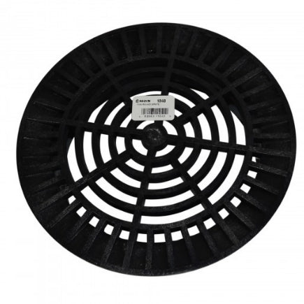 Side profile close-up of NDS 10-inch black round drain grate (model 1040) showing seating rim and approximate 2-3/4 inch overall height.