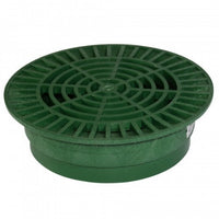 Front-angle view of NDS 1050 10-inch green round drain grate made from foam polyolefin; shows top slotted pattern and molded edge for fitting.