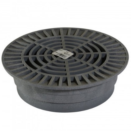NDS 10-inch round drainage grate (model 1060) in gray, angled view showing slotted top surface and outer mounting lip.