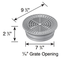 Top-down view of gray NDS 1060 round grate showing circular slots, open area, and size relationship to drain opening.