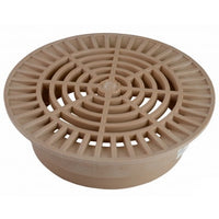 Top view of NDS 10 in. round sand-colored plastic drain grate (1060S) showing slotted pattern, mounting lip, and open surface area features for 8 in. pipe connections.