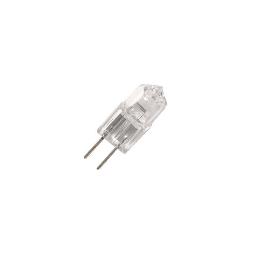 Halco JC10 10W T3 halogen G4 bi-pin bulb on white background showing clear quartz envelope and ceramic base.