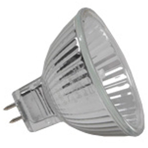 HALCO MR16FMW/SC 35W halogen MR16 lamp with GU5.3 bi-pin base, aluminized titanium-coated reflector and protective glass lens, front view.