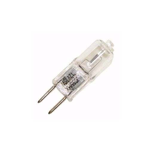 Halco JC35/HX 35W HaloXen T4 lamp close view showing clear quartz envelope and G6.35 bi‑pin base, suitable for low‑voltage fixtures.