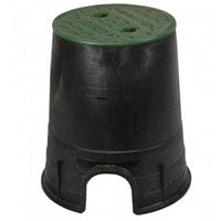 Front view of NDS 107BC 6-inch round valve box showing black tapered body and green overlapping ICV cover with finger slots, UV-stabilized construction.