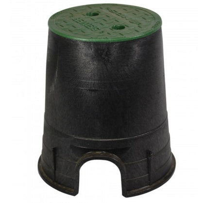 Front view of NDS 107BC 6-inch round valve box showing black tapered body and green overlapping ICV cover with finger slots, UV-stabilized construction.
