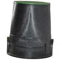 Close-up of NDS 107BC overlapping ICV cover seated on the round black body, showing lid marking, finger slots, and tapered profile for easy installation.