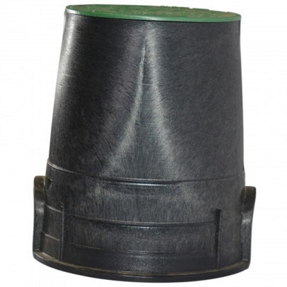 Close-up of NDS 107BC overlapping ICV cover seated on the round black body, showing lid marking, finger slots, and tapered profile for easy installation.