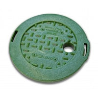 NDS 107BCH 6 in. round black polypropylene valve box with overlapping green ICV snap-in cover and finger hole, view of lid and rim.