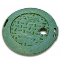 NDS 107CH green snap-in overlapping 6-inch valve box lid shown from above with textured surface and rounded edge, product SKU visible