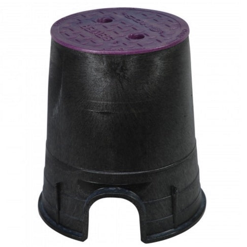 Top view of NDS 107PBCR 6-inch round valve box with overlapping purple reclaimed-water cover and two finger slots.