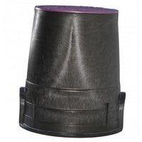 Close-up of the purple overlapping reclaimed-water cover for NDS 107PBCR, showing bayonet twist-lock and finger slots.