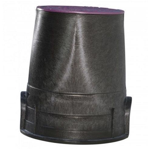 Close-up of the purple overlapping reclaimed-water cover for NDS 107PBCR, showing bayonet twist-lock and finger slots.