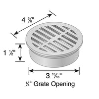 Angled view of NDS 4" black round drain grate showing side profile, 4-5/8" diameter, 1.5" height, and compatibility with 4" sewer or corrugated pipe fittings.
