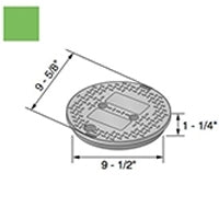 Close-up of NDS 111C green 10-inch round overlapping valve box lid showing finger indentations, bolt hole, and textured lid surface for irrigation access