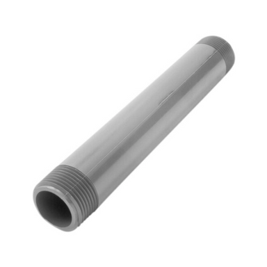 DURA Schedule 80 PVC nipple, nominal 1 inch by 12 inch, threaded both ends (MPT); white plastic pipe fitting product photo.