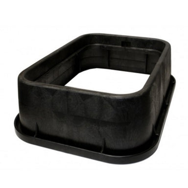 Angled top view of NDS 113-6 black rectangular 14 x 19 x 6 in. valve box extension showing internal bolt hole, reinforcing ribs, and tapered body.