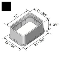 Close-up view of NDS 113-6 black valve box extension highlighting the bolt hole, reinforced underside ribs, and overlapping top seat design.