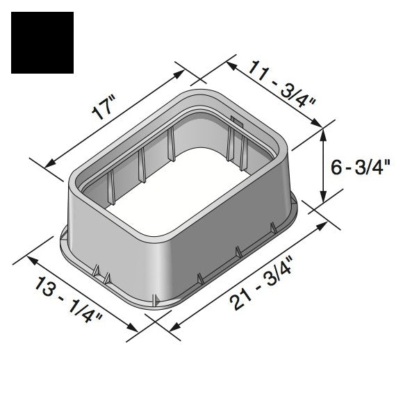 Close-up view of NDS 113-6 black valve box extension highlighting the bolt hole, reinforced underside ribs, and overlapping top seat design.
