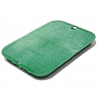 Top view of NDS 113C green overlapping rectangular valve box cover, 14 x 19 in, showing molded 'IRRIGATION CONTROL VALVE' marking and reinforcing ribs.