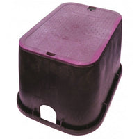 Purple NDS 14 x 19 x 12 in. rectangular valve box with overlapping reclaimed-water lid shown assembled on white background.