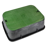 NDS 115TBC 14 x 19 x 6 tapered valve box showing black polypropylene body and green overlapping ICV lid marked "IRRIGATION CONTROL VALVE"