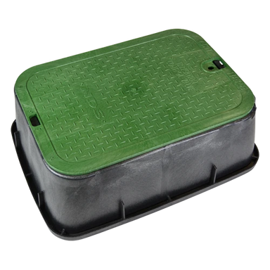 NDS 115TBC 14 x 19 x 6 tapered valve box showing black polypropylene body and green overlapping ICV lid marked "IRRIGATION CONTROL VALVE"