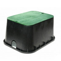 Front view of NDS 117BC jumbo rectangular valve box with green overlapping lid and black polyolefin body, 13 x 20 x 12 in.