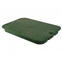 Front-right angle view of NDS 117C green overlapping 13" x 20" valve box cover showing textured top surface and reinforced seating area for secure fit.