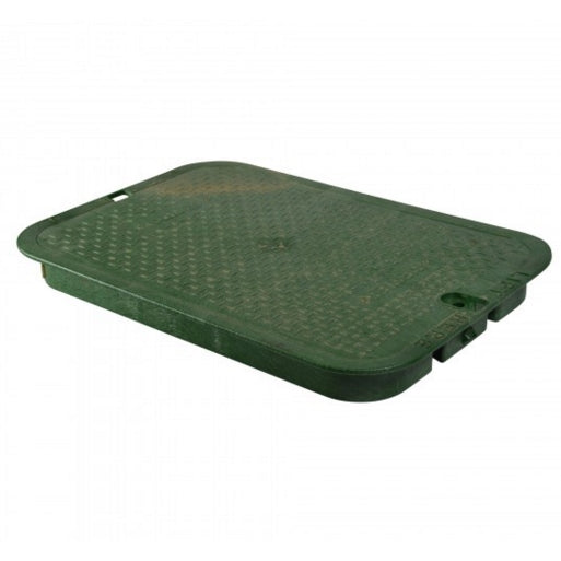 Front-right angle view of NDS 117C green overlapping 13" x 20" valve box cover showing textured top surface and reinforced seating area for secure fit.