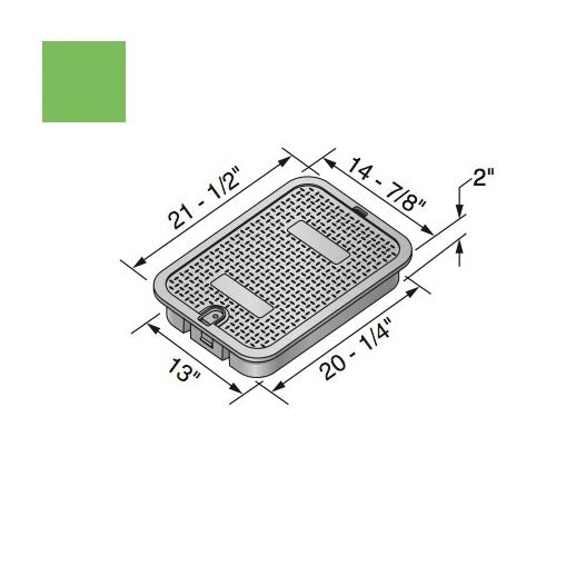 Top-down view of NDS 117C 13" x 20" green overlapping lid highlighting surface texture and flush landscape profile for irrigation installations.