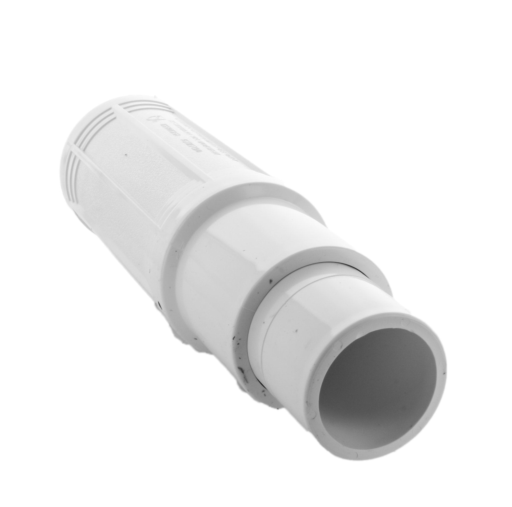 Close-up of Pro-Span repair coupling showing internal EPDM O-ring area and slip-spigot connection detail in white PVC.