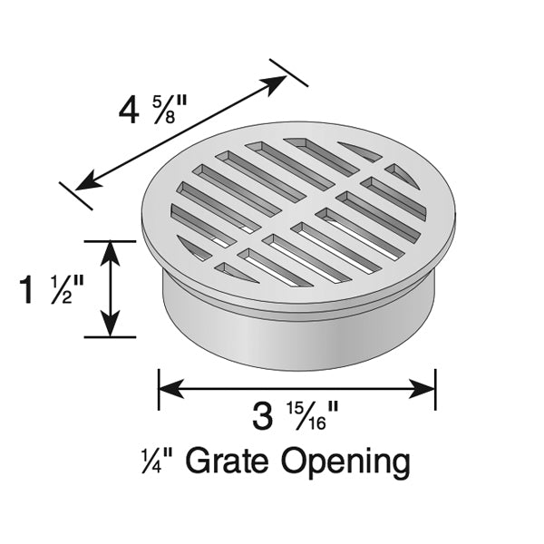 Angled view of an NDS 4-inch gray round grate installed in a landscape setting, highlighting lightweight foam polyolefin construction and fit to 4" pipe.