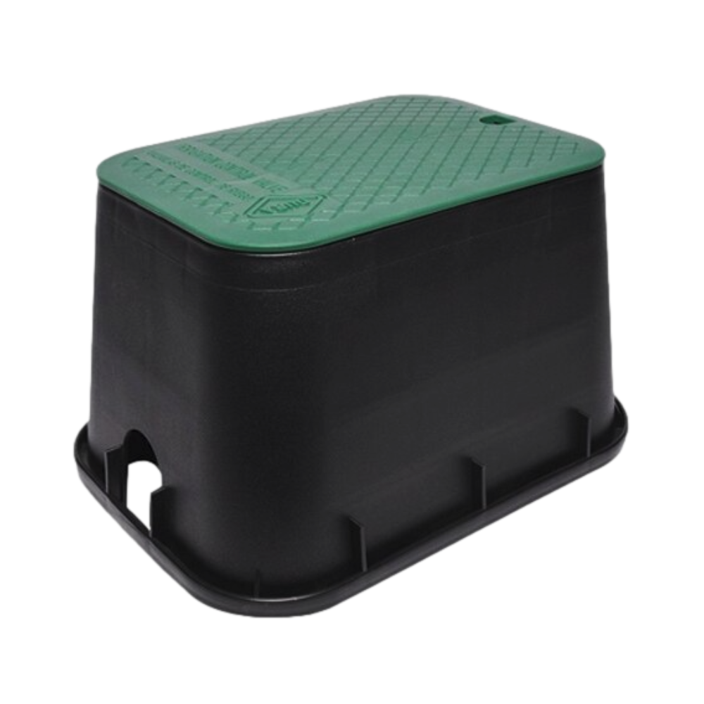 Dura 12 x 17 x 12 inch rectangular valve box with black body and green lid, angled view showing interior depth and lid fit.