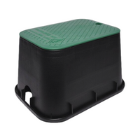 Dura 12 x 17 x 12 inch rectangular valve box with black body and green lid, angled view showing interior depth and lid fit.