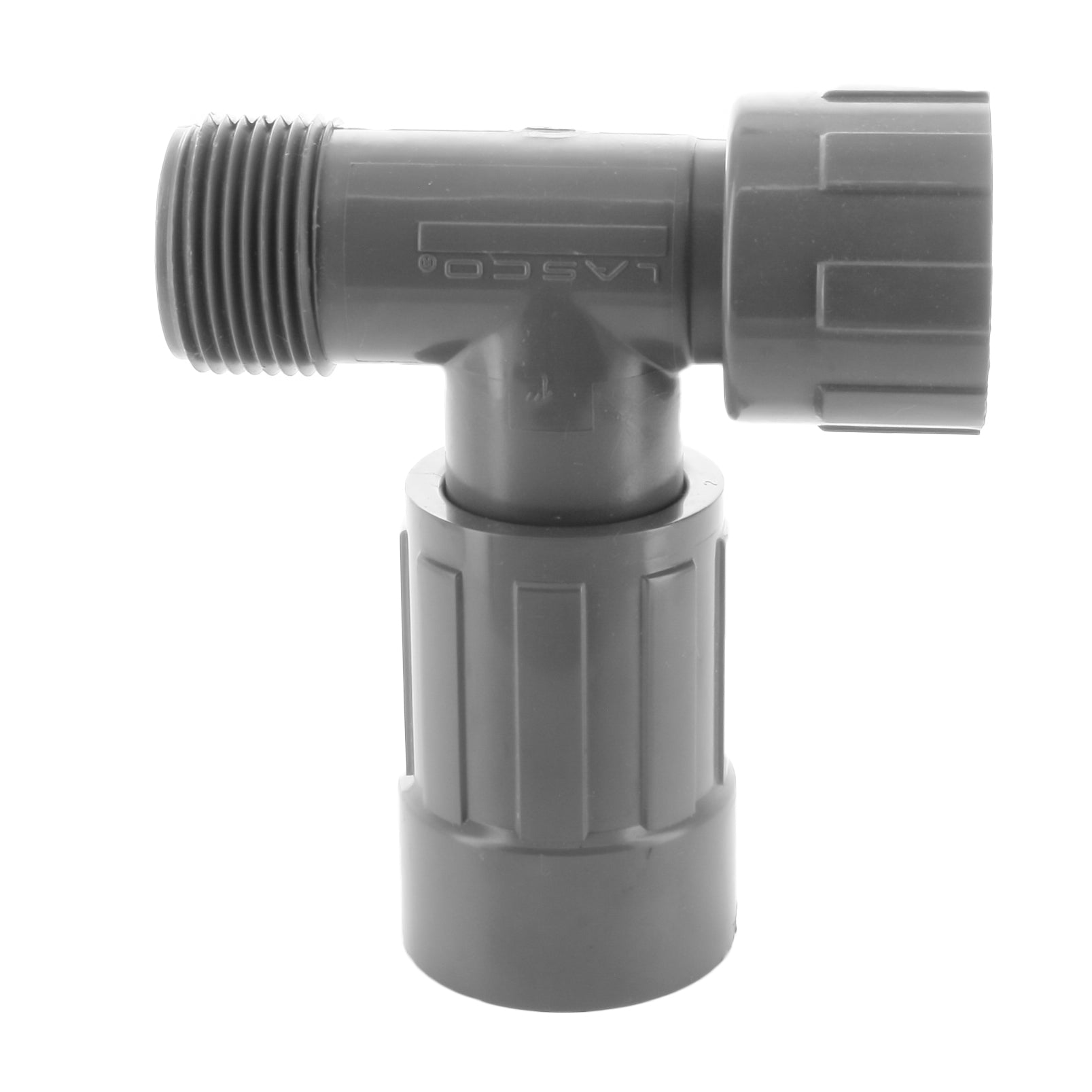 Front view of 1-inch PVC irrigation tee showing Female Vconn and threaded NUT x NTHD connection details for irrigation systems (close-up).