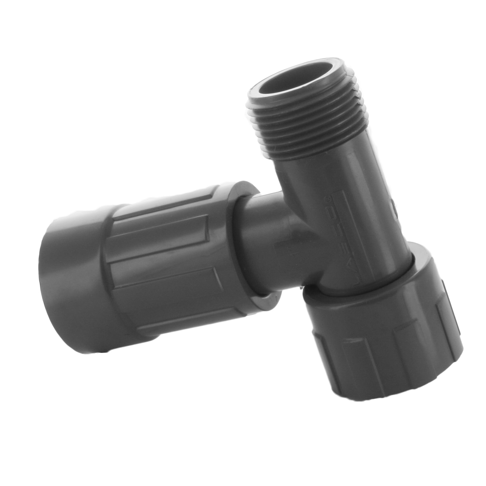 Angled side view of 1-inch PVC tee displaying NUT x NTHD x FVCONN connection faces and smooth PVC body for irrigation manifold use.