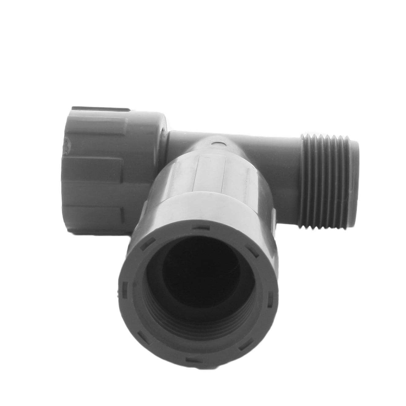Close-up of threaded NTHD and nut connection on PVC 1-inch tee, highlighting mating surfaces and female Vconn port for secure irrigation fittings.
