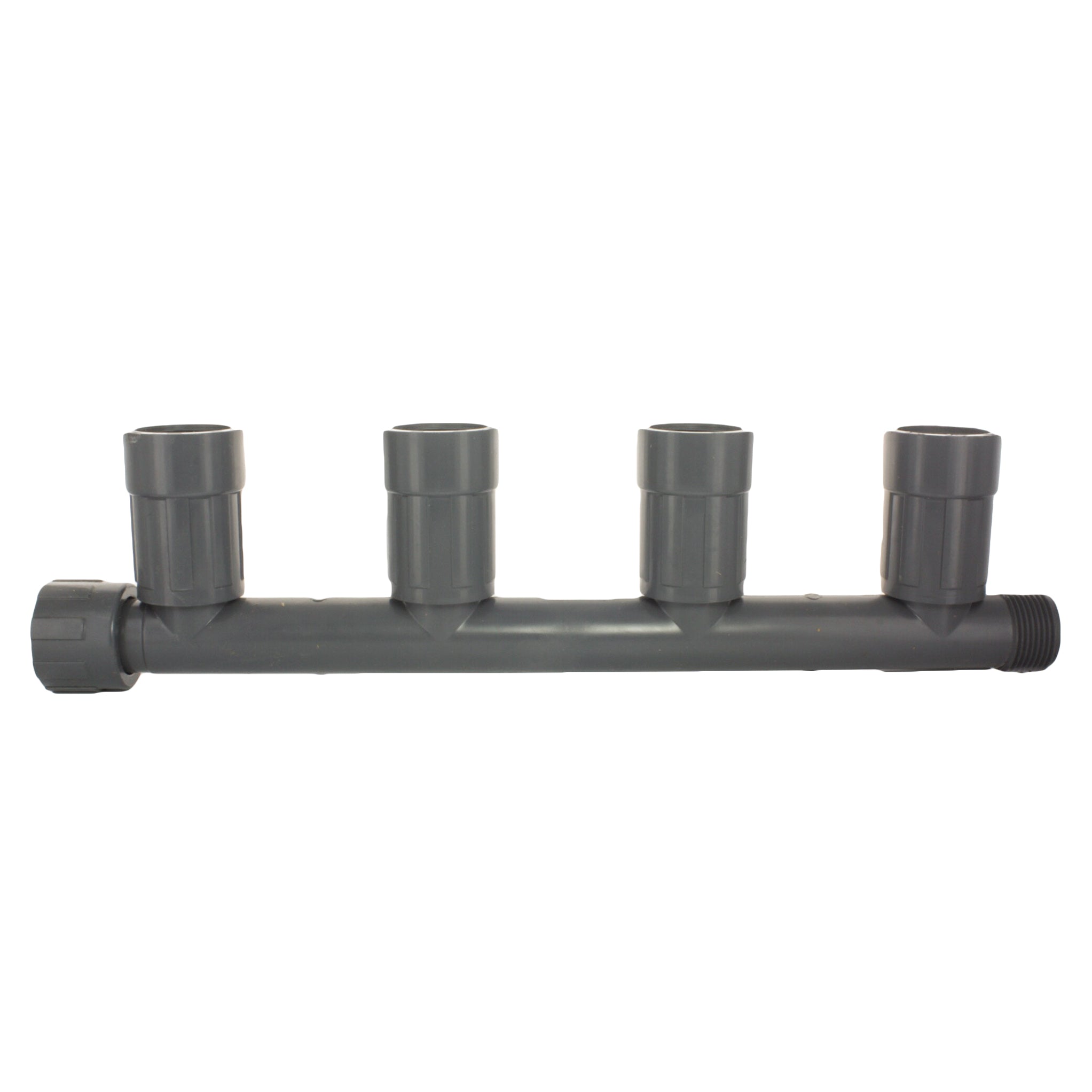 Front view of 1" PVC quad manifold female (SKU 1201-410) showing the inlet and four outlet ports with nut-style connectors, on white background.