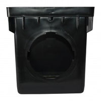 Front view of NDS 1203 12in x 12in three-opening black polyolefin catch basin showing tapered interior and inlet locations for outlets.
