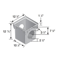 Top perspective of NDS 1203 three-opening 12in x 12in catch basin in black polyolefin, clearly showing all three inlet openings and tapered geometry.