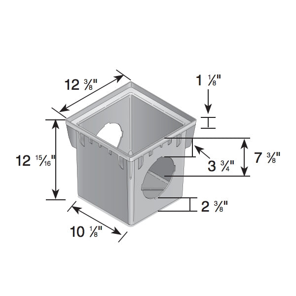 Top perspective of NDS 1203 three-opening 12in x 12in catch basin in black polyolefin, clearly showing all three inlet openings and tapered geometry.