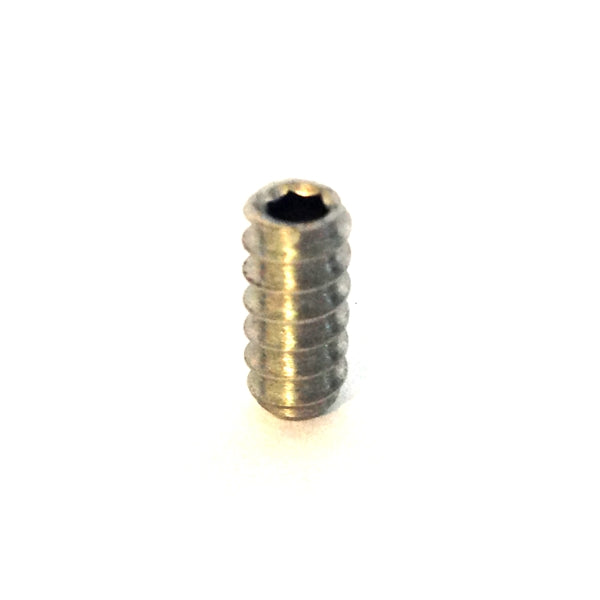 Close-up of Hunter PGP nozzle set screw (part 120300), a threaded metal screw used to secure the rotor nozzle and keep it seated.