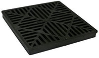 Top-down view of NDS 1211 12-inch black square catch basin grate in HDPE, showing slotted pattern, flat profile, and 12×12 size.