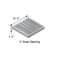Angled close-up of NDS 1211 black HDPE 12-inch square grate highlighting grate openings, edge detail, and low-profile design for catch basins.