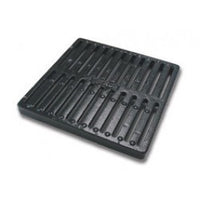 Top-down view of NDS 1213 12-inch square ductile iron grate in black, showing heavy-duty bar pattern and open area, fits 12x12 catch basin applications.